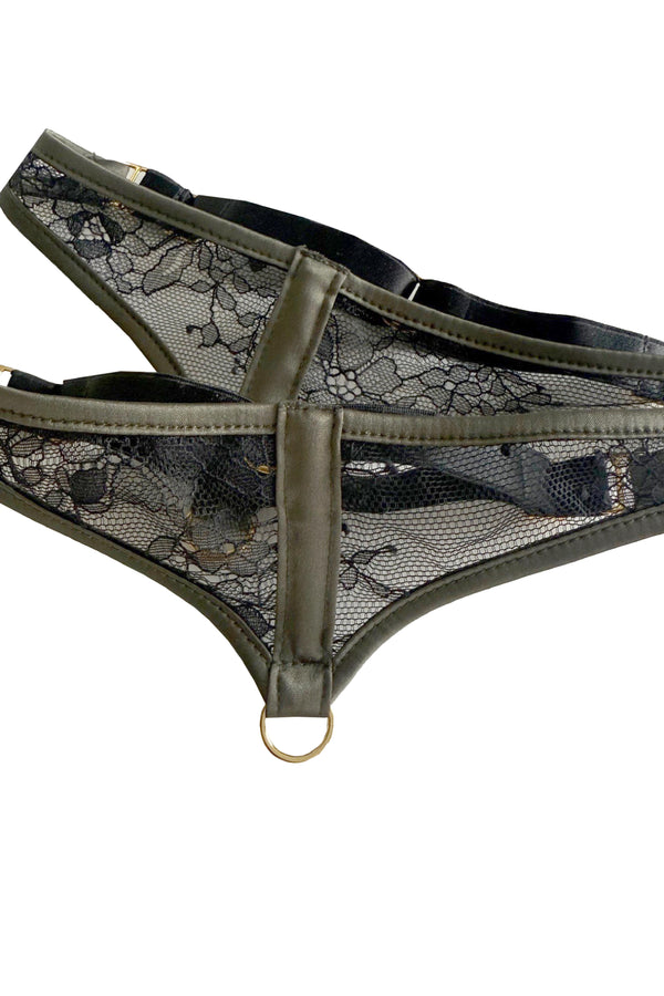 Iona  luxury thigh leg garters with moss green stretch satin