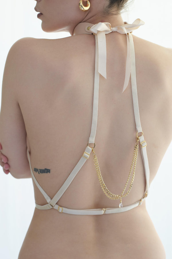 Luxury body harness with hand embellished detachable leather choker.