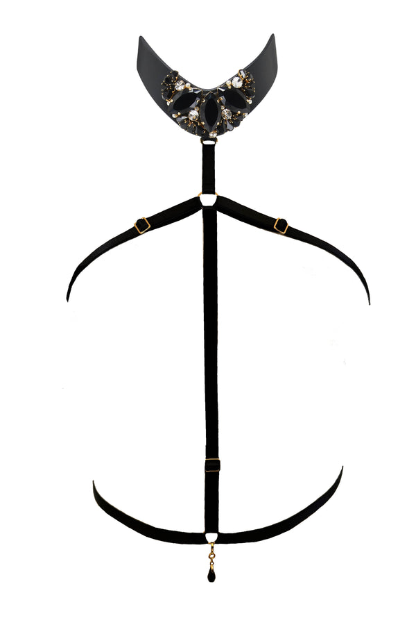Luxury body harness with hand embellished leather choker.