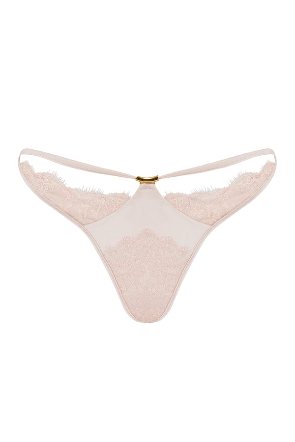Rosalia  sheer lace thong with stretch satin. Part of the designer luxury lingerie collection