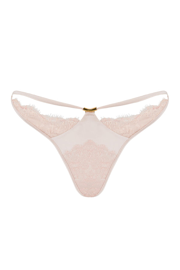 Rosalia  sheer lace thong with stretch satin. Part of the designer luxury lingerie collection