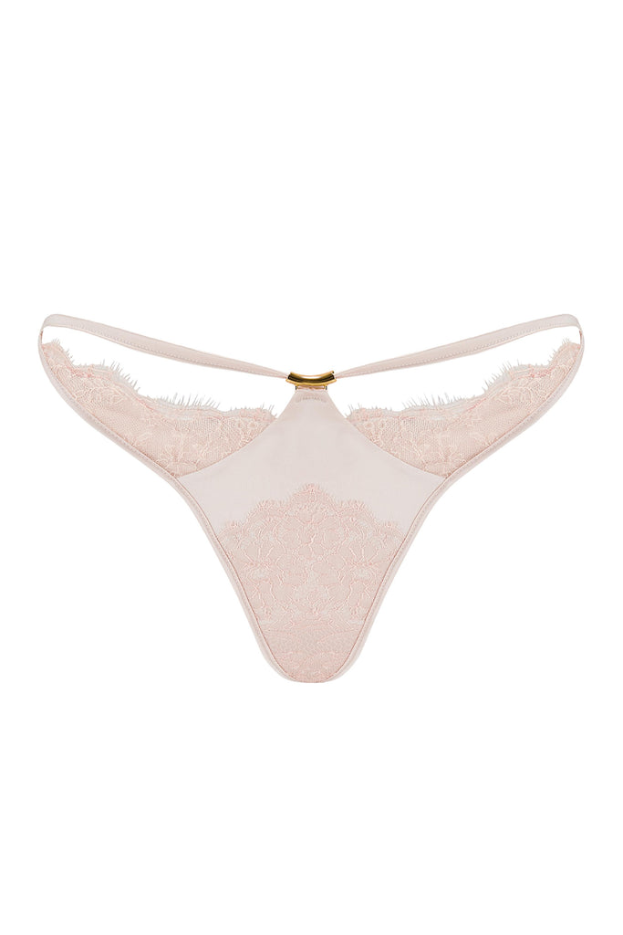 Rosalia  sheer lace thong with stretch satin. Part of the designer luxury lingerie collection