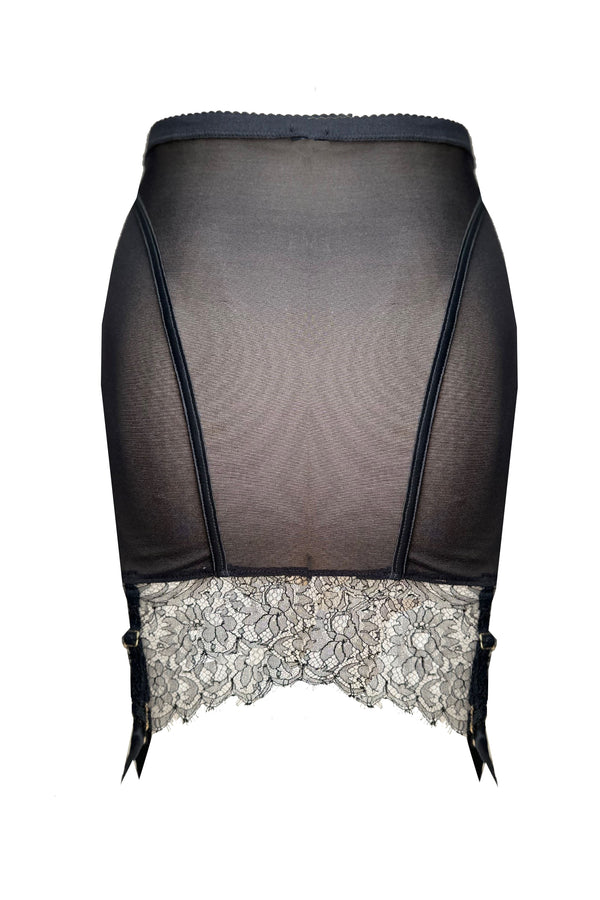 Luxury lingerie skirt in black power mesh with detachable suspenders 