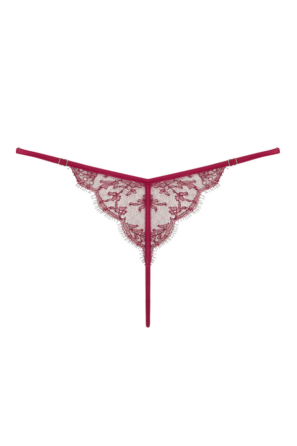 Sheer lace thong in red French leavers lace. Luxury high end lingerie by Tatu Couture 