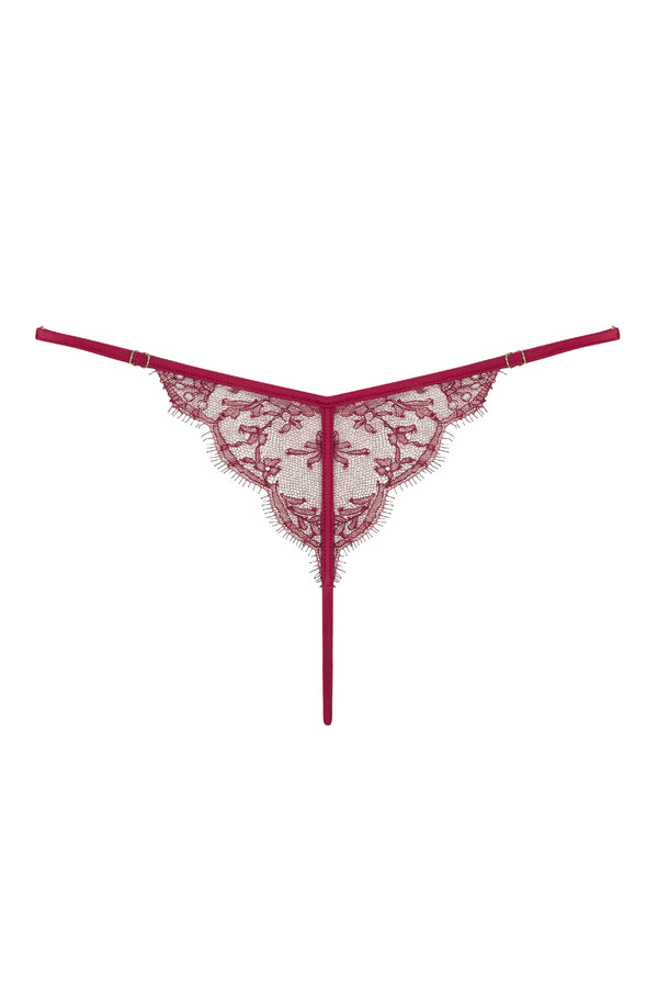 Sheer lace thong in red French leavers lace. Luxury high end lingerie by Tatu Couture