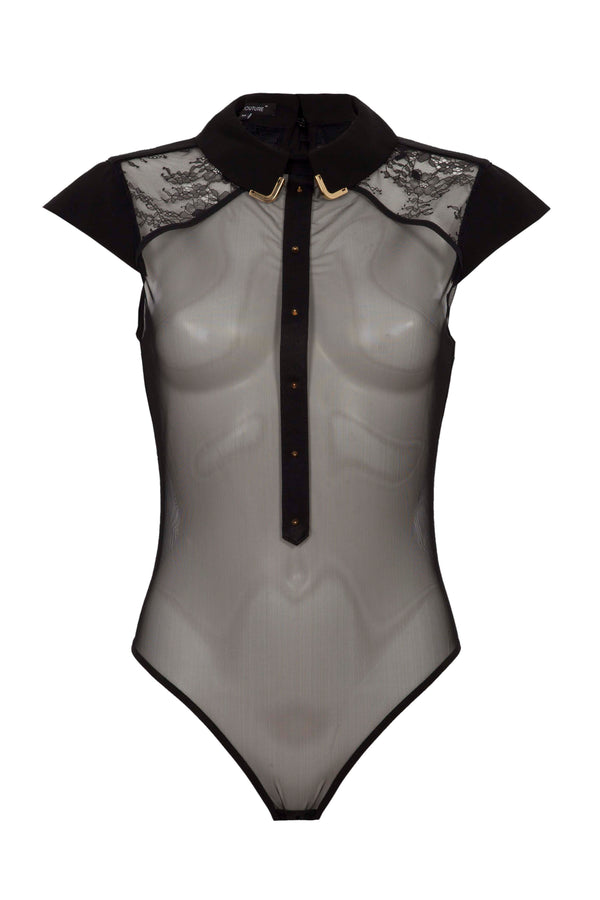 Veronica Sheer black thong body with collar