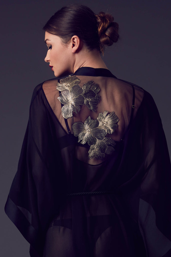 Ayako luxury black silk kimono with sheer tulle back and gold embroidered flowers