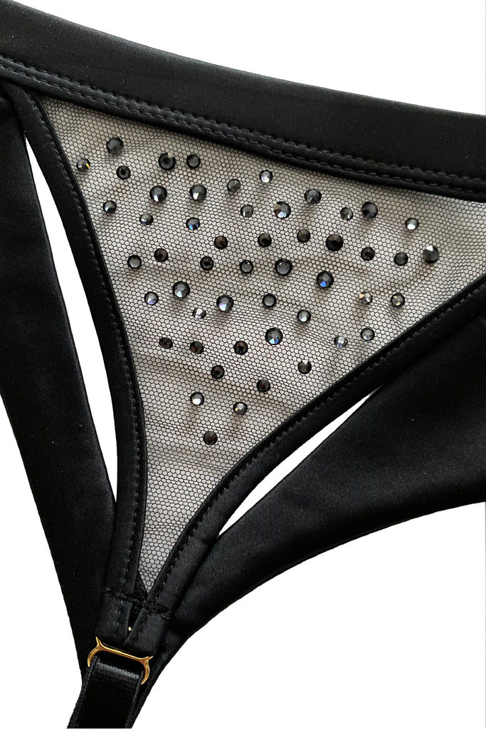 Luxury black satin suspender belt high end designer lingerie by Tatu Couture