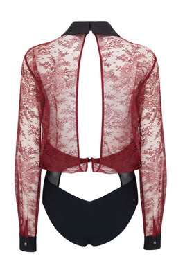 Celine luxury lace blouse bodysuit in dark red with black brief