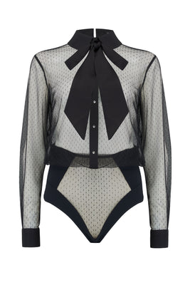 Nico pussy bow blouse bodysuit in luxury sheer black tulle