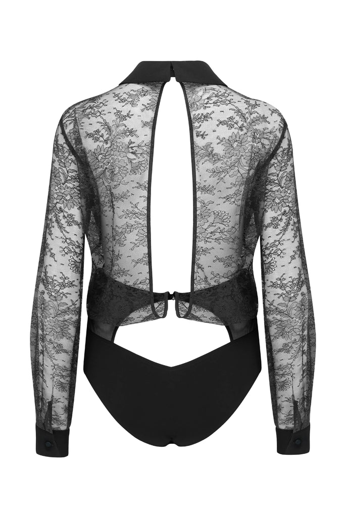Melania black lace blouse bodysuit featuring open back 