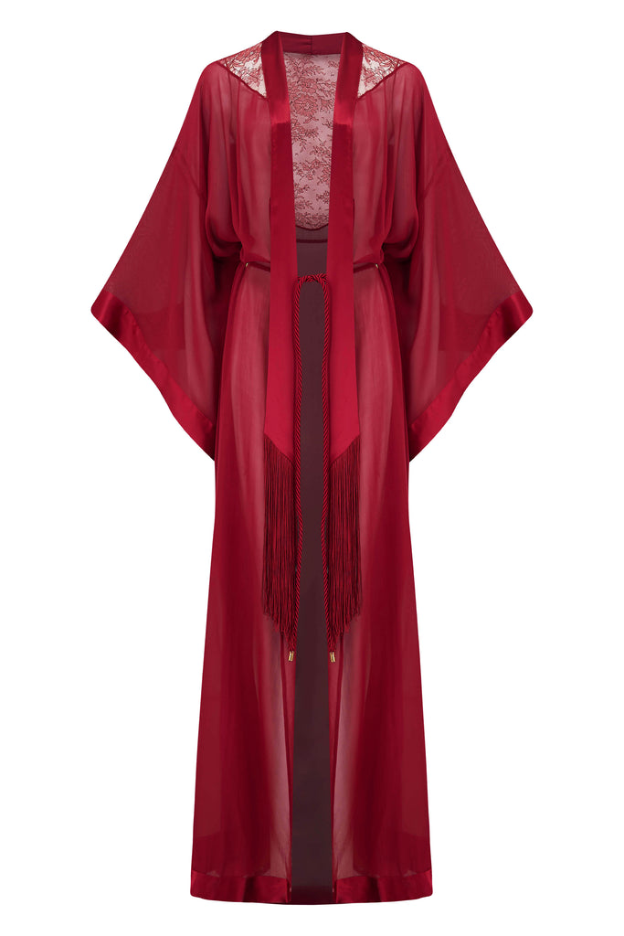 Rosalia red kimono robe with sheer French leavers lace back 