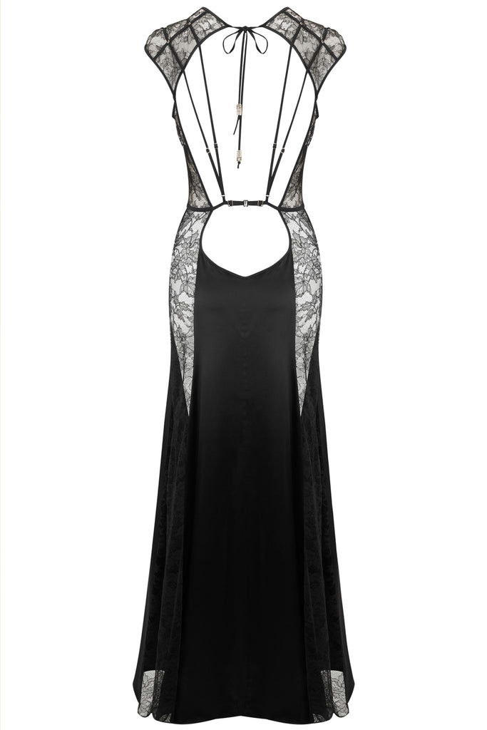 Back strapping detail on Xena Black lace sheer lingerie gown