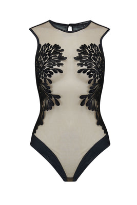 Gabriella black bodysuit with floral placement embroidery 
