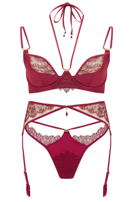 Rosalia luxury red lace lingerie set with red lace suspender 