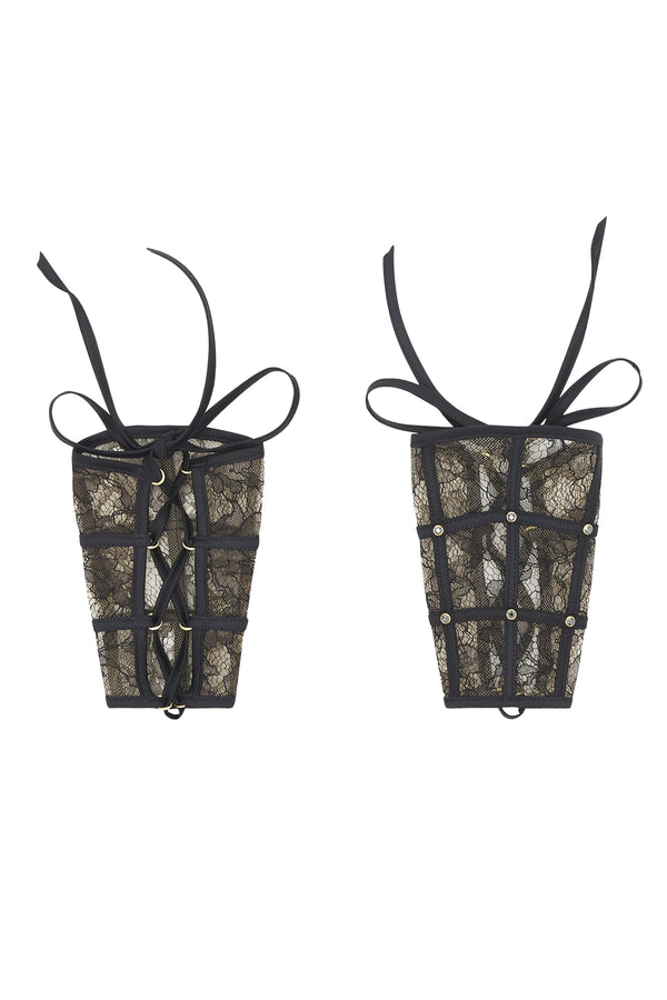 Xena Black lace cuffs, luxury bondage lingerie by Tatu Couture