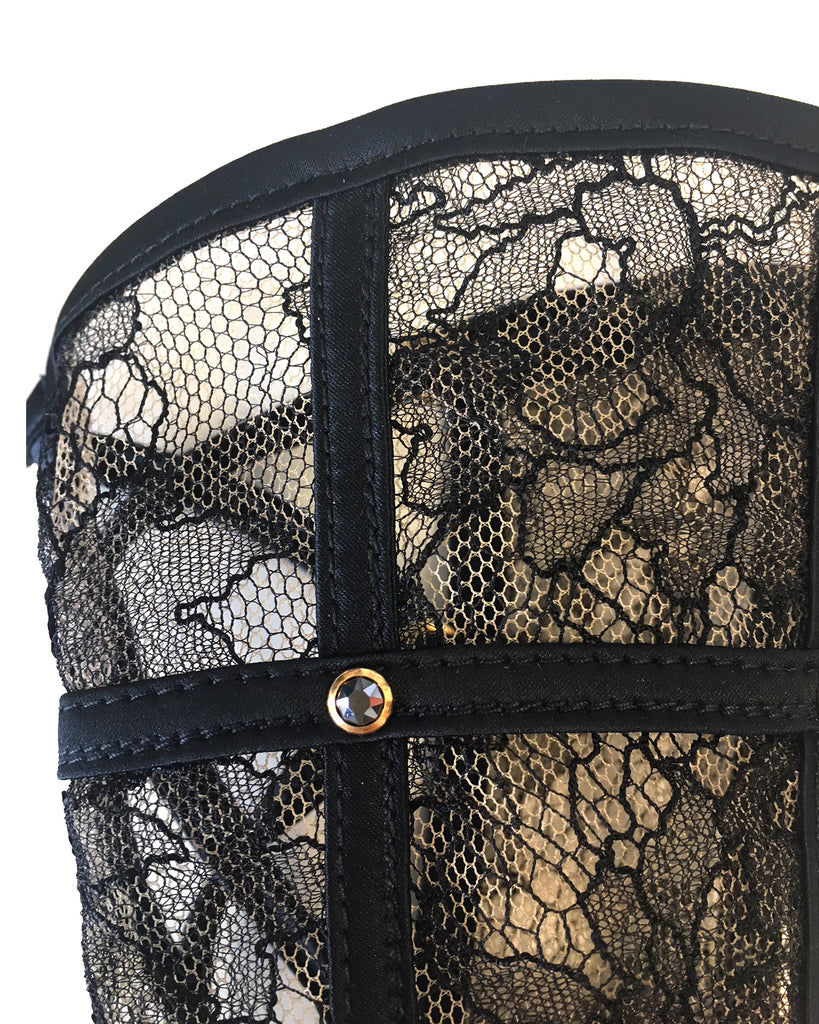 Detail of sheer black lace and crystal stud on Tatu Couture luxury boudoir wrist cuffs