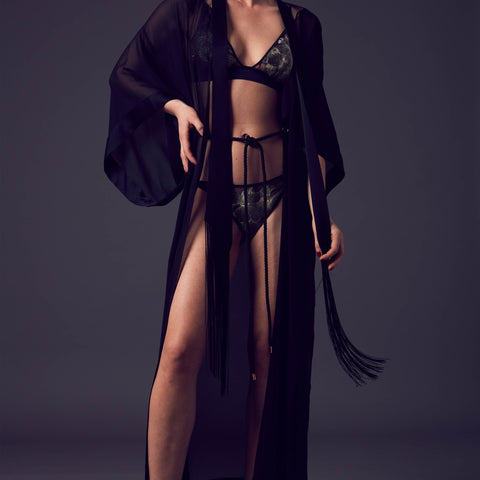  Aiko Luxury Silk Robes | Black silk Kimono with embroidery