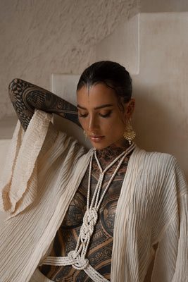 Luxury oyster blush rope body harness by Tatu Couture – elegant shibari style erotic lingerie