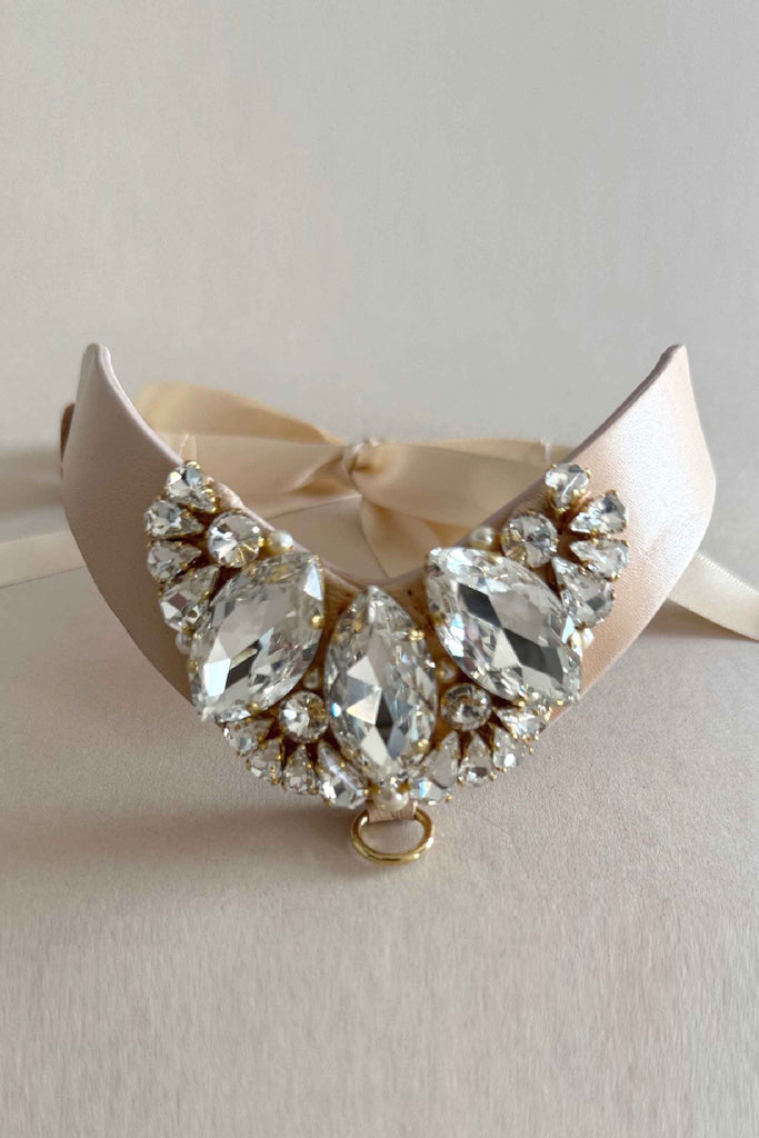 Blush leather choker with handcrafted crystal and pearl embellishments
