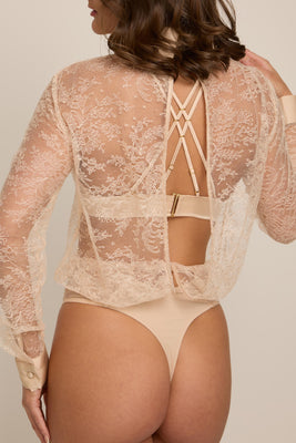 Back view of Celeste French lace thong bodysuit in oyster blush with Margot Bralette worn underneath.