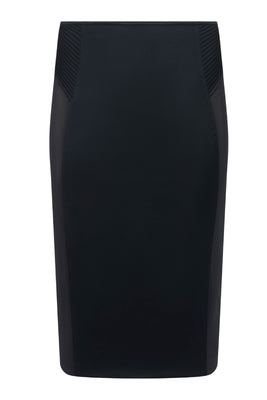 Quilted waistband on Gia Zip Skirt, Italian satin pencil skirt with high slit and statement couture finish