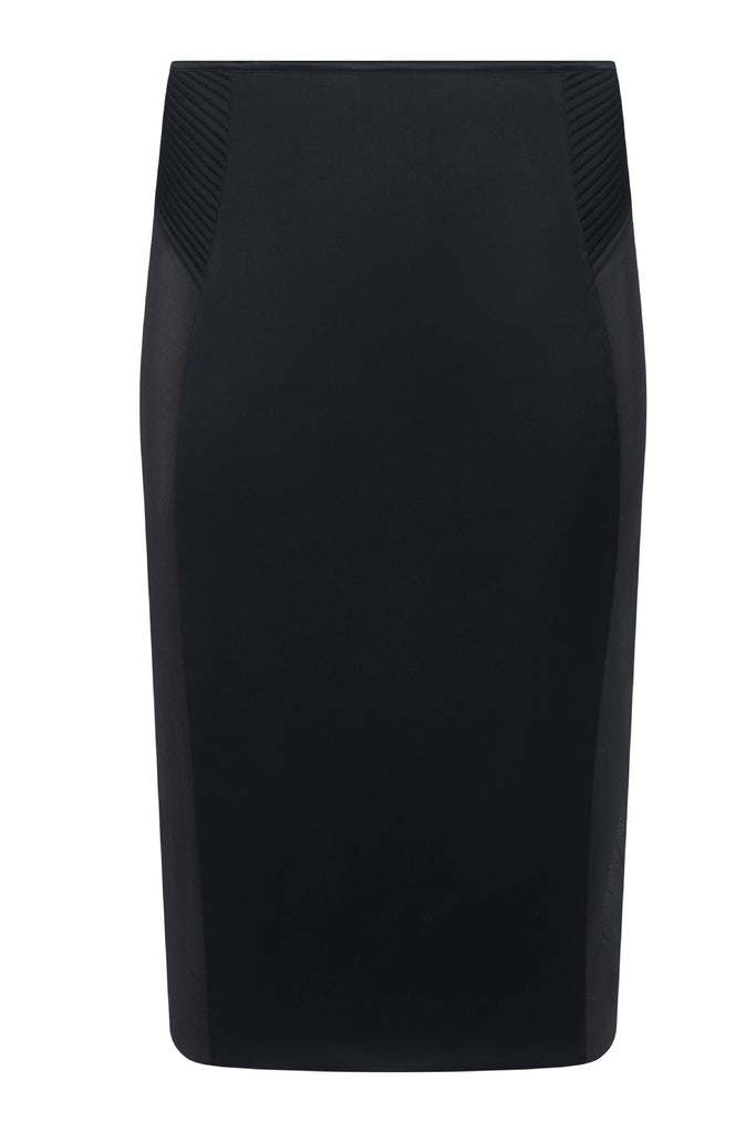 Quilted waistband on Gia Zip Skirt, Italian satin pencil skirt with high slit and statement couture finish