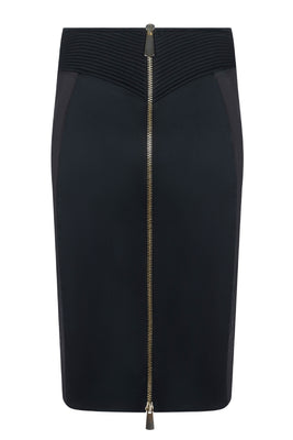 Close-up of gold back zip on Gia Zip Skirt, Italian satin pencil skirt with high slit and mesh panel