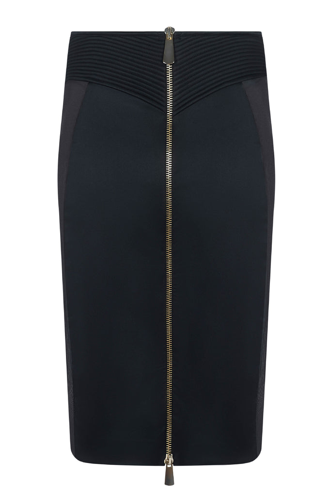 Close-up of gold back zip on Gia Zip Skirt, Italian satin pencil skirt with high slit and mesh panel