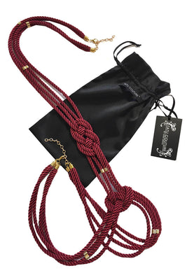 Bordeaux red rope body harness with satin gift bag