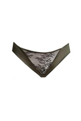 High-end lingerie brief featuring open back design in green satin and delicate Chantilly lace
