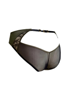 Luxury Iona ouvert brief in moss green satin with black Chantilly lace, featuring an adjustable open back – designer lingerie