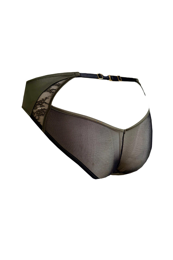 Luxury Iona ouvert brief in moss green satin with black Chantilly lace, featuring an adjustable open back – designer lingerie