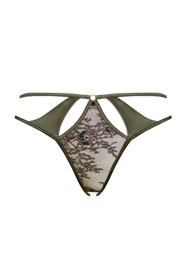 Sheer ouvert brief with black sheer lace panels and crotchless gusset