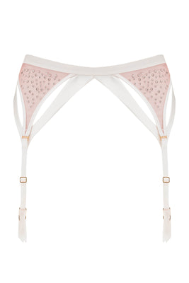 Ivory Satin luxury bridal garter belt with nude mesh and crystal embellisment