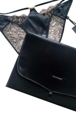 Luxury Satin Lingerie travel bag with Black sheer lace brief 