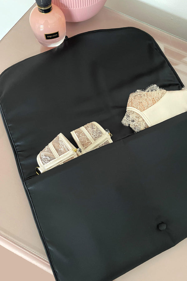  Luxury satin lingerie travel bag with inside pocket detail 