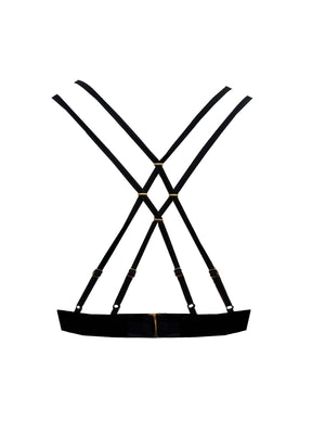 Back view of luxury satin bralette with cross-over straps and gold clasp detailing