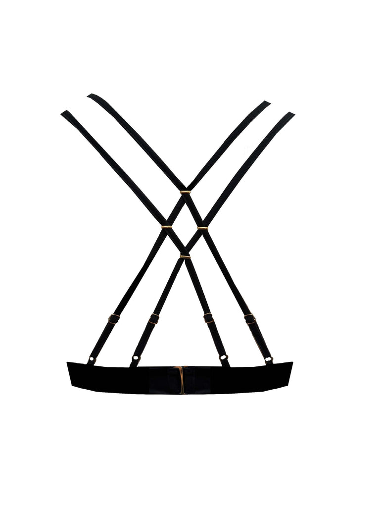 Back view of luxury satin bralette with cross-over straps and gold clasp detailing