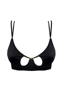 Elegant satin bralette with gold hardware, photographed on white background