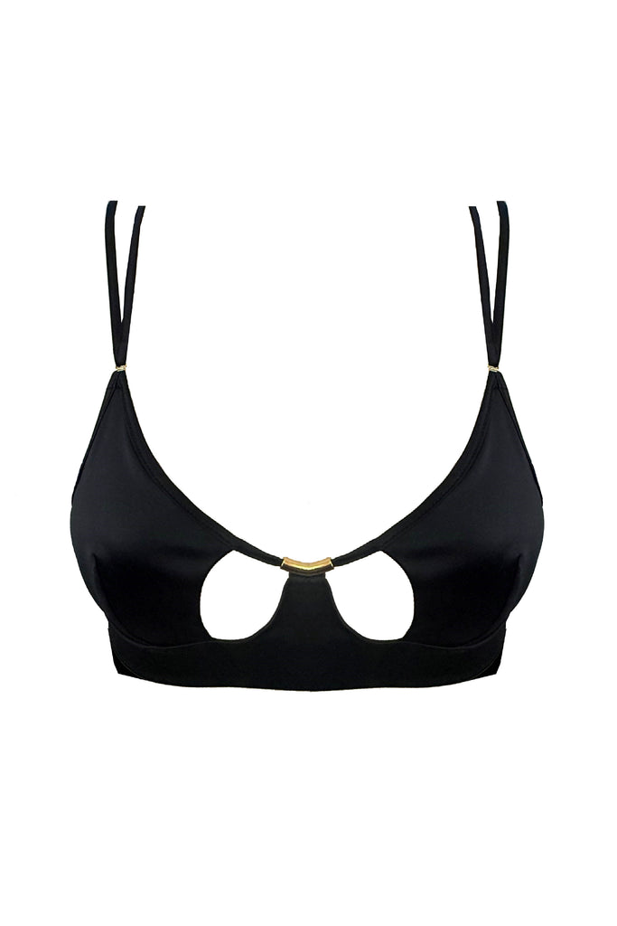 Elegant satin bralette with gold hardware, photographed on white background
