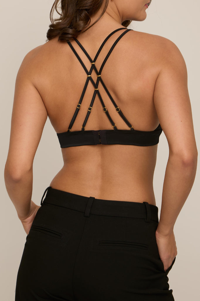 Seductive satin bralette with stretch fit, gold hardware, and elegant strappy back for a designer lingerie look 