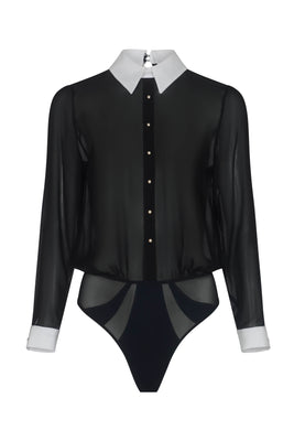 Elegant silk bodysuit blouse with sheer details and high-cut thong