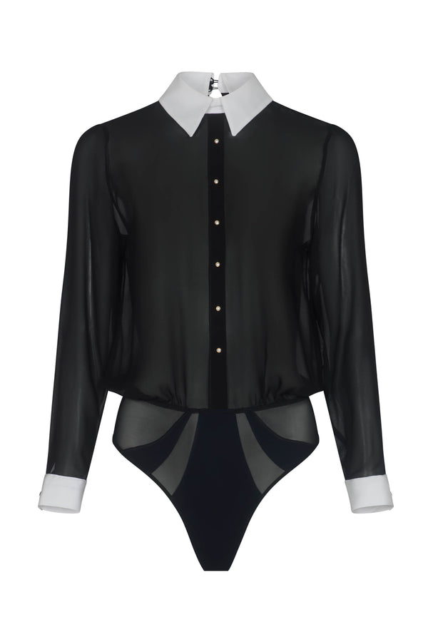 Elegant silk bodysuit blouse with sheer details and high-cut thong