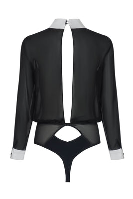 Open-back sheer silk blouse bodysuit with contrasting white collar and cuffs