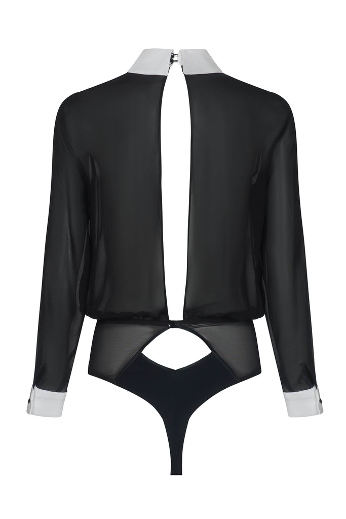 Open-back sheer silk blouse bodysuit with contrasting white collar and cuffs