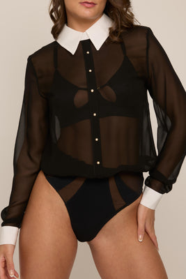 High-end designer silk blouse bodysuit with thong bottom for smoothline look