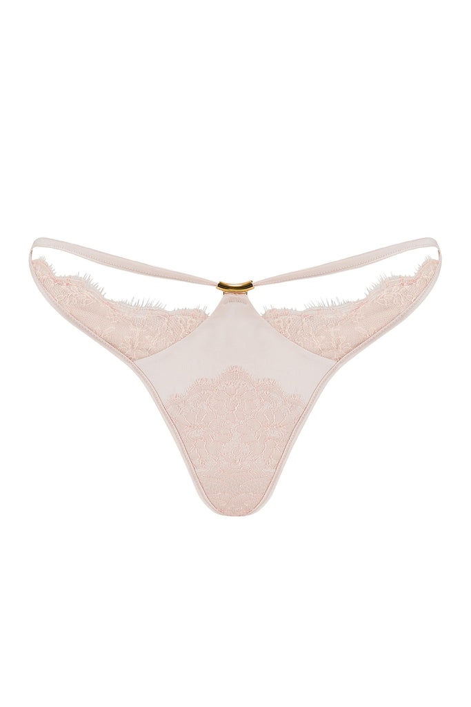 Rosalia  sheer lace thong with stretch satin. Part of the designer luxury lingerie collection