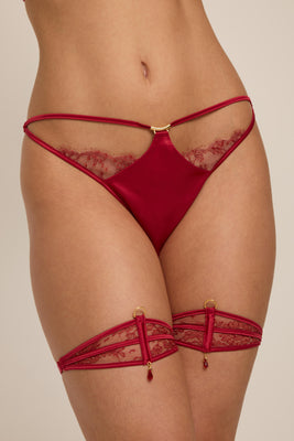 High-end red lace ouvert lingerie brief with luxury lace leg garters with Swarovski crystal.