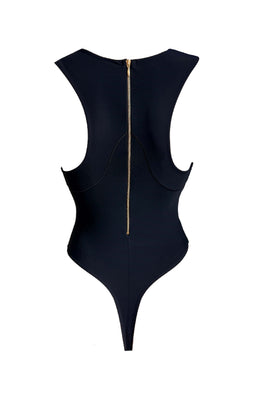 Cindy black lace bodysuit showcasing its elegant gold zip detailing and sculptural design